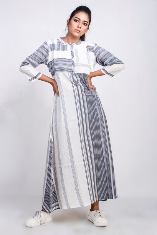 Handwoven cotton striped long dress